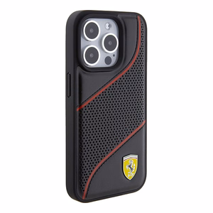 Ferrari Perforated Waves Metal Logo -suojakuori iPhone 15 Prolle - musta