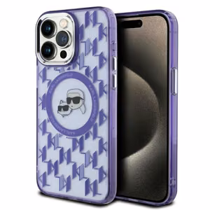 Karl Lagerfeld IML Monogram Karl & Choupette Head MagSafe Suojakuori iPhone 15 Pro:lle - Violetti