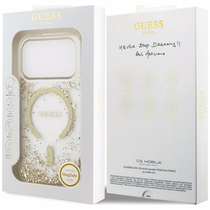 Guess Resin Bottom Glitter MagSafe suojakuori malleille iPhone 18 Pro / 17 Pro, kultainen