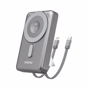 Dudao K29 10000mAh PD 20W MagSafe Power Bank metallikotelolla, jalustalla ja sisäänrakennetuilla USB-C / Lightning-kaapeleilla - harmaa