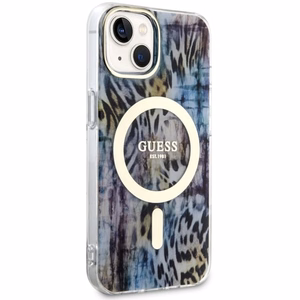 Guess Leopard MagSafe suojakuori iPhone 14:lle - sininen