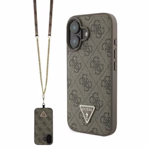 Guess Leather Metal Logo Strass Crossbody Suojakuori iPhone 16:lle - ruskea