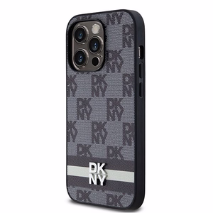 DKNY Nahkainen Checkered Mono Pattern & Printed Stripes Suojakuori iPhone 14 Pro:lle - musta