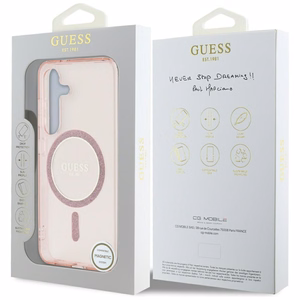 GUESS Suojakuori Samsung S25:lle GUHMS25SHFGEREP (Magneettinen IML Glitter Circle) Vaaleanpunainen