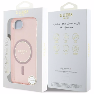 GUESS IML Glitter Circle MagSafe Alkuperäinen Suojakuori iPhone 17e/16e:lle - Vaaleanpunainen