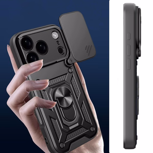 Hybrid Armor Camshield Suojakuori jalustalla ja kameran suojuksella iPhone 17 Pro:lle - musta