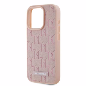 Karl Lagerfeld Nahkainen Monogram Metal Logo Suojakuori iPhone 15 Pro:lle - vaaleanpunainen