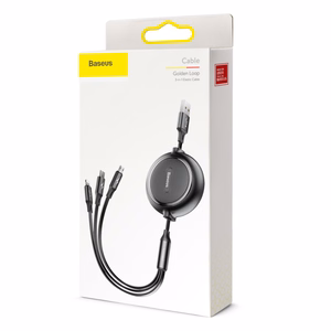 Baseus Golden Loop 3-in-1 sisäänvedettävä kaapeli USB - micro USB + Lightning + USB-C 1,2 m 3,5A musta
