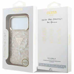 Guess IML Leopard Glitter Triangle Logo MagSafe suojakuori mallille iPhone 17 Pro Max / 18 Pro Max – väri: vaaleanpunainen