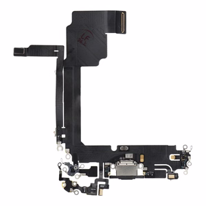 Original charging-port flex cable removed from a donor device for iPhone 15 Pro Max – black