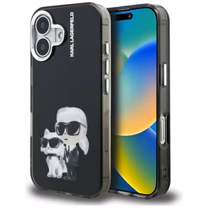 Karl Lagerfeld IML Aquarelle Karl & Choupette & Logo Suojakuori iPhone 16:lle - Musta