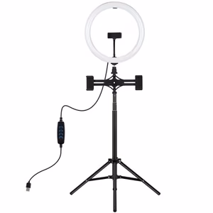 LED-rengaslamppu 30 cm pöytäjalustan kiinnikkeellä enintään 165 cm ja 3 puhelimen pidikettä, USB