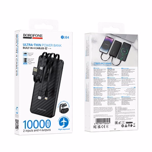 Borofone BJ84 Smooth varavirtalähde 10000mAh USB sis. USB-, Type-C-, Lightning- ja Micro USB -kaapelit musta