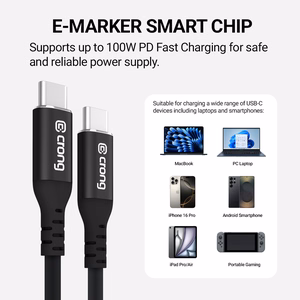 Crong Soft Link USB-C–USB-C-kaapeli, 1,2 m, 100 W PD, 5 A, musta
