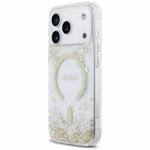 Guess Resin Bottom Glitter MagSafe suojakuori malleille iPhone 18 Pro / 17 Pro, kultainen