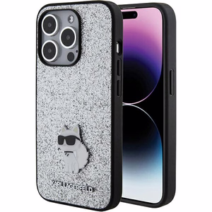 Karl Lagerfeld Fixed Glitter Choupette Logo Metal Pin suojakuori iPhone 15 Pro Max:lle - hopeinen