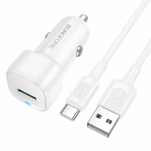 Borofone BZ34 Cloud -autolaturi - USB - QC 3.0 18W ja USB - Type C -kaapeli, valkoinen