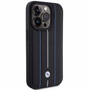 BMW Leather Stamp Blue Line Case for iPhone 15 Pro Max - Black