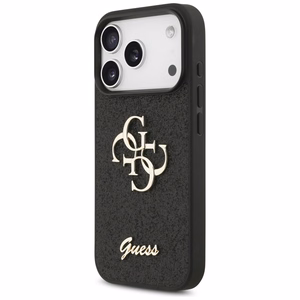 Guess PU Fixed Glitter 4G Metal Logo -kuori Apple iPhone 18 Pro -puhelimelle, musta