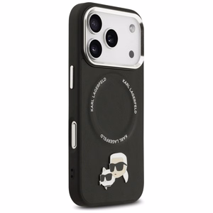 Karl Lagerfeld MagSafe PU Suojakuori Karl&Choupette Pins -logolla ja metallikamerapainikkeilla iPhone 17 Pro Max:lle - Musta