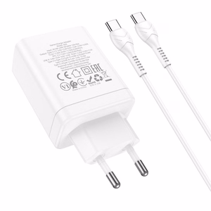 Puhelinlaturi Hoco 2 x USB C + USB A QC3.0 PD 3A 35W + kaapeli USB C - USB C N33 valkoinen
