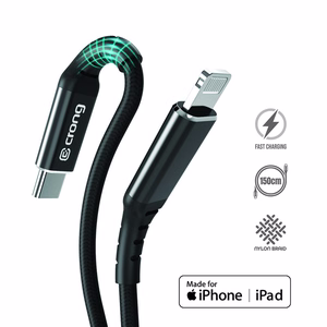 Crong Armor Link MFi USB-C–Lightning -kaapeli, 1.5 m, 3 A, musta