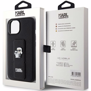 Karl Lagerfeld Gripstand Saffiano Karl&Choupette Pins Suojakuori iPhone 15:lle - musta