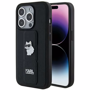 Karl Lagerfeld Gripstand Saffiano Choupette Pins -suojakuori iPhone 14 Prolle - musta