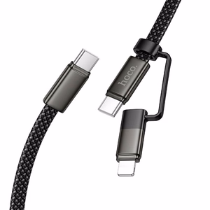 Litteä kaapeli USB C - USB C/iP 2in1 Hoco 3A 60W 1 m X125 musta