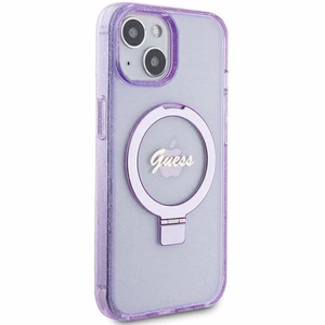 Guess Ring Stand Script Glitter MagSafe Suojakuori iPhone 15 Plus / 14 Pluslle - violetti