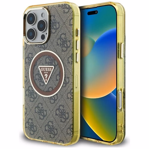 GUESS Suojakuori iPhone 16 Pro:lle MagSafe-yhteensopiva GUHMP16LHG4PRTGW (IML Metal Glitter 4G Circle Triangle) Ruskea
