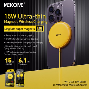 WEKOME WP-U166 Tint Series langaton Qi-laturi integroidulla USB-C-kaapelilla, MagSafe-yhteensopiva, 15 W, keltainen