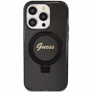 Guess Ring Stand Script Glitter MagSafe Suojakuori iPhone 15 Prolle - musta