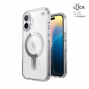 Speck Presidio Perfect-Clear -suojakuori MagSafe- ja ClickLock-tuella iPhone 16:lle, Clear/Chrome