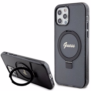 Guess Ring Stand Script Glitter MagSafe -suojakuori iPhone 12/12 Prolle - musta