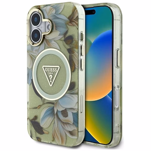 Guess suojakuori iPhone 16:lle MagSafe-tuella GUHMP16SHFLPEDN (IML Metal Glitter Flowers Triangle) - vihreä