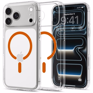 Spigen Ultra Hybrid MagSafe -suojakuori iPhone 18 Pro / 17 Pro -malleille, läpinäkyvä oranssi