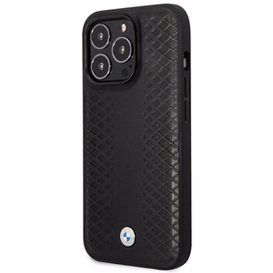 BMW BMHMP14X22RFGK musta nahkainen timanttikuvioinen suojakuori iPhone 14 Pro Max 6.7 MagSafe