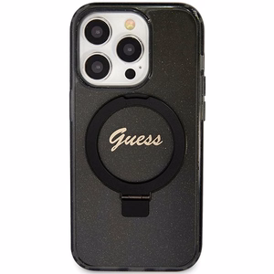 Alkuperäinen GUESS GUHMP15XHRSGSK Suojakuori iPhone 15 Pro Maxille (MagSafe-yhteensopiva / Glitter Script Logo / Ring stand / musta)