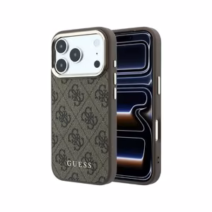 Guess PU Leather 4G Gold Frame MagSafe -kuori Apple iPhone 18 Pro -puhelimelle, ruskea