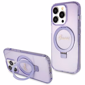 Guess Ring Stand Script Glitter MagSafe suojakuori iPhone 14 Pro Maxille - violetti