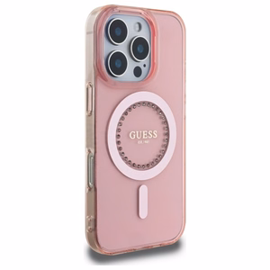 Guess IML Rhinestones MagSafe Suojakuori iPhone 16 Pro:lle - vaaleanpunainen