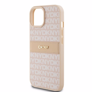 DKNY Nahkainen Mono Raita ja Metallinen Logo Suojakuori iPhone 15 Plus / 14 Plus:lle - vaaleanpunainen