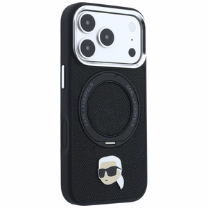 Musta Karl Lagerfeld MagSafe -kuori 360° rengasjalustalla ja Karl-pääembleemillä iPhone 18 Pro Max / 17 Pro Max -puhelimelle