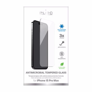 Puro Anti-Bacterial karkaistu näytönsuojalasi iPhone 15 Pro Max -laitteelle, antimikrobisuojauksella