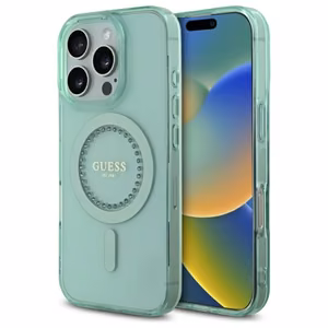 Guess IML Rhinestones MagSafe Suojakuori iPhone 16 Pro Max:lle - vihreä