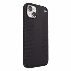 Speck Presidio2 Grip MagSafe suojakuori iPhone 14 Plus -laitteelle, pitävällä liukuestepinnalla, Black / Black / White -väriyhdistelmä