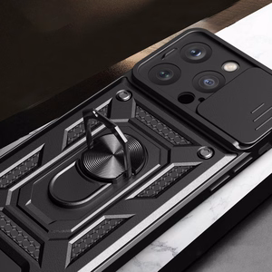 Hybrid Armor Camshield Suojakuori jalustalla ja kamerasuojalla iPhone 15 Pro:lle - vaaleanpunainen