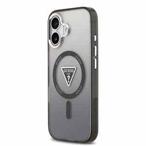 Guess Suojakuori Magsafe IML Gradient Triangle Logo -painatuksella ja hopeisilla metallisilla kameranäppäimillä iPhone 17:lle musta