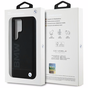 BMW Nahkainen Big Wordmark Suojakuori Samsung Galaxy S25 Ultralle - musta